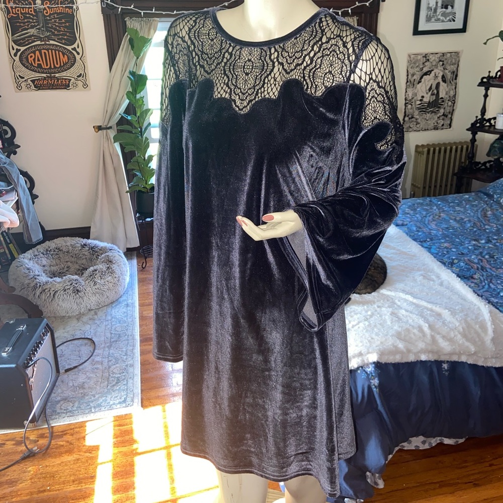 Steel Blue Velvet Long Sleeve Top